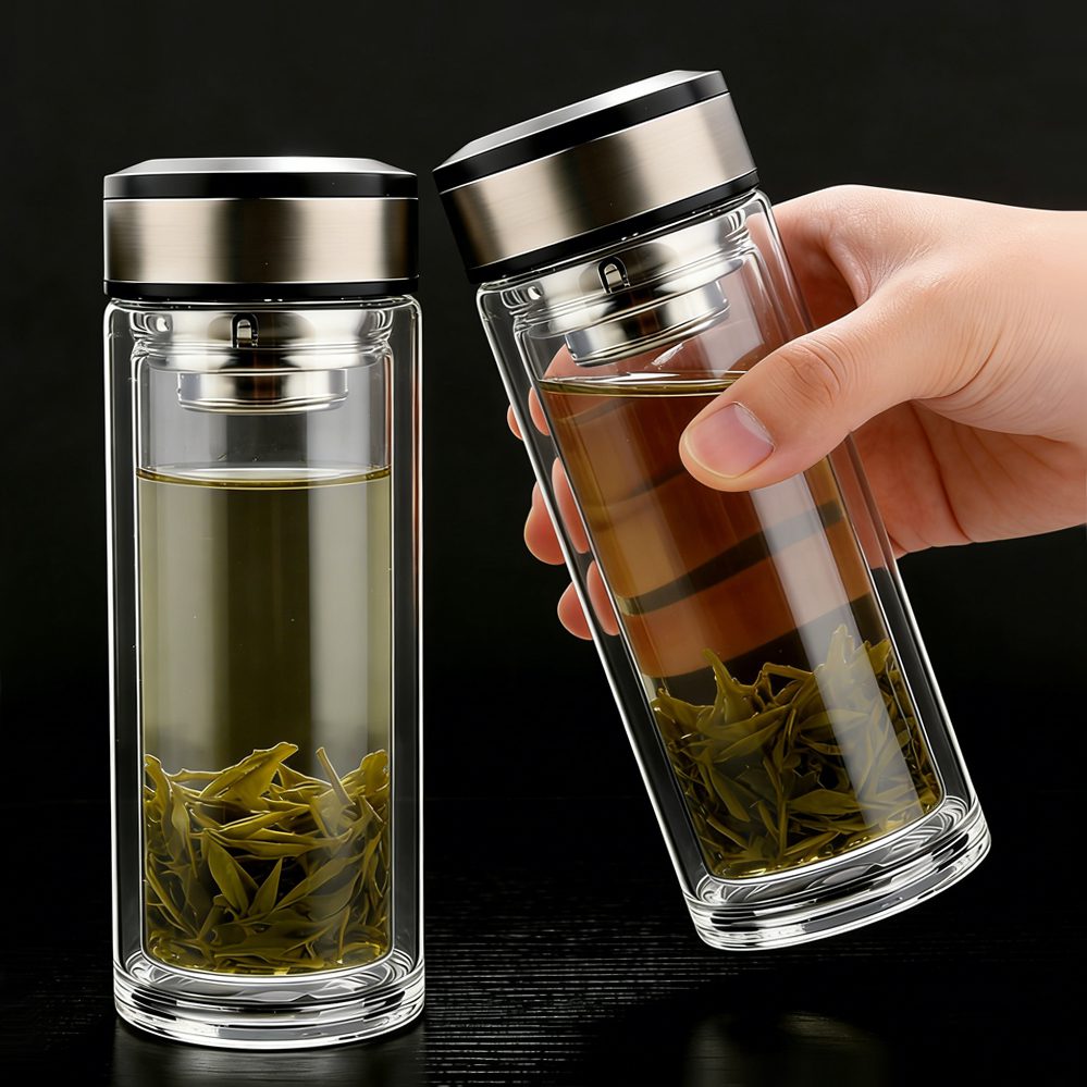 Double Wall Borosilicate Glass Tea Mug with Stainless Steel Filter