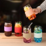 16oz Borosilicate Glass Juice Cup With Colored Silicone Lid Sleeve